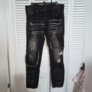 Krisp Men's 36x30 Distressed Black Moto Jeans